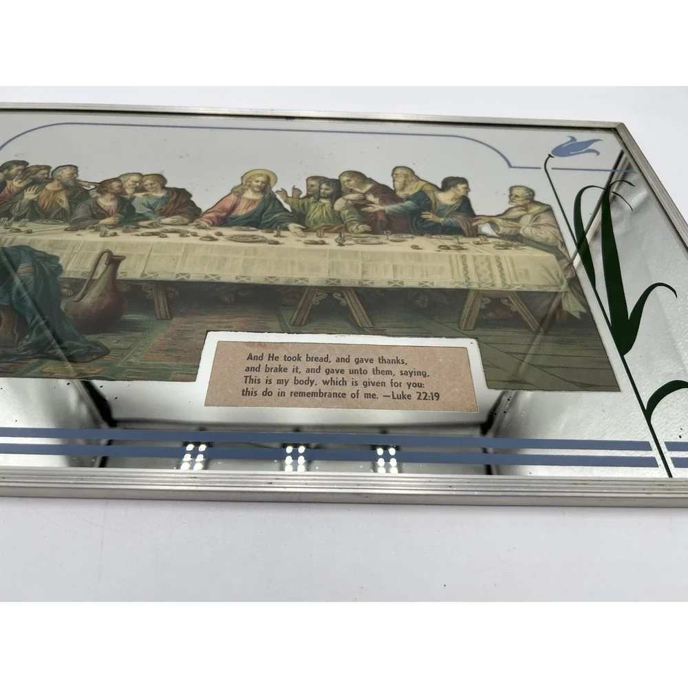 Vintage Last Supper Mirrored Wall Plaque Aluminum Frame Religious Decor